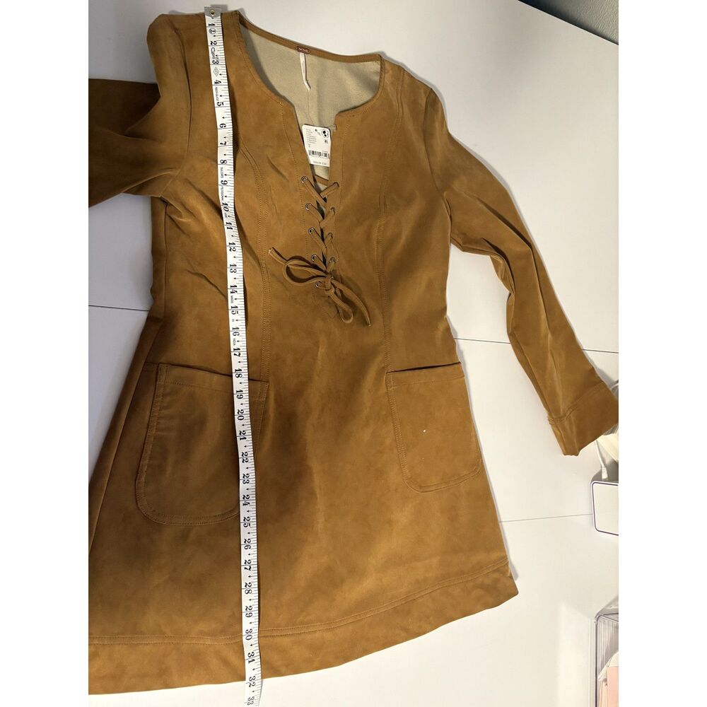 Free People Suede Lace-Up Mini Dress Tan Long Sleeve Boho Shift - Picture 6 of 6